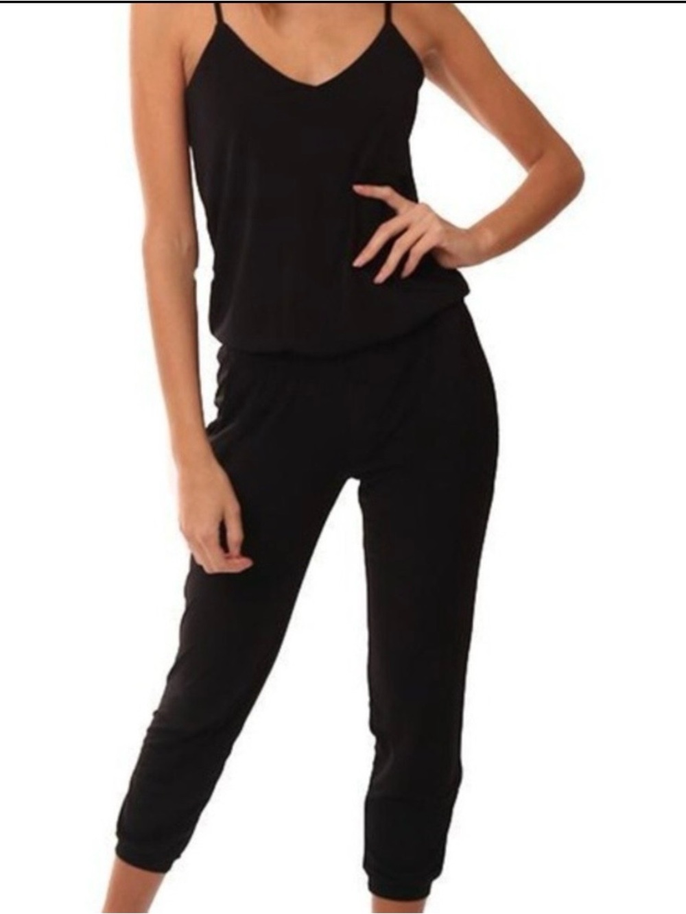Veronica M Black Spaghetti-Strap V-Neck Jogger Jumpsuit XS